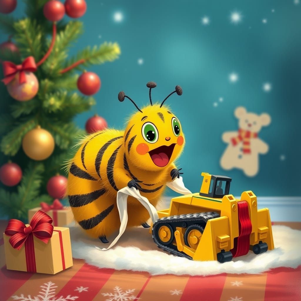 Excited Caterpillar Opening Christmas Gift