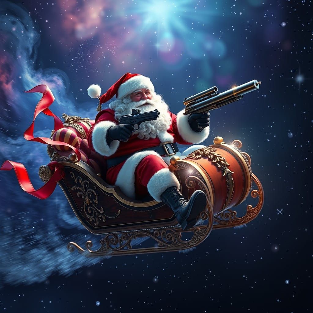 Santa Claus Soars Through Starry Sky with Rocket Launcher an...