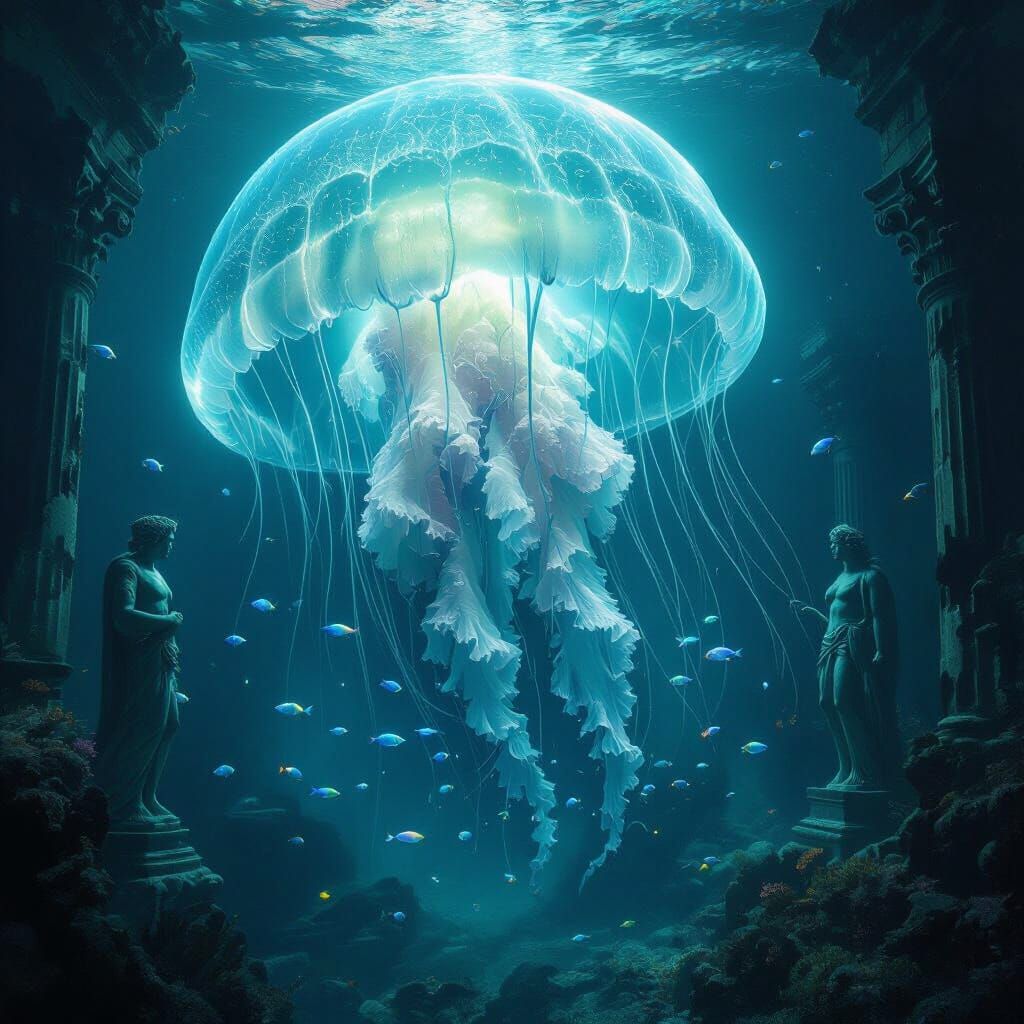 Bioluminescent Jellyfish Drifting Through Submerged City