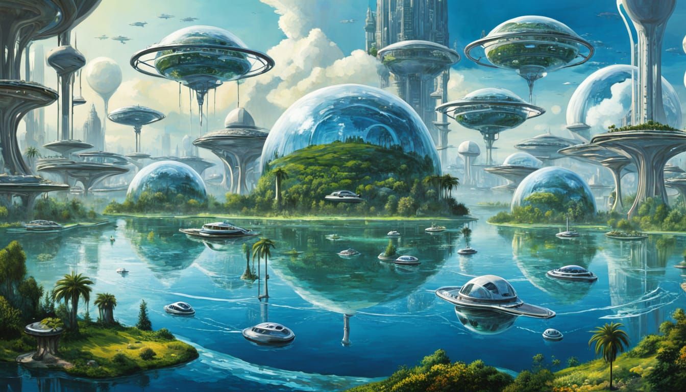 Floating Alien Cities on Water Planet as Impressionist Oil P...