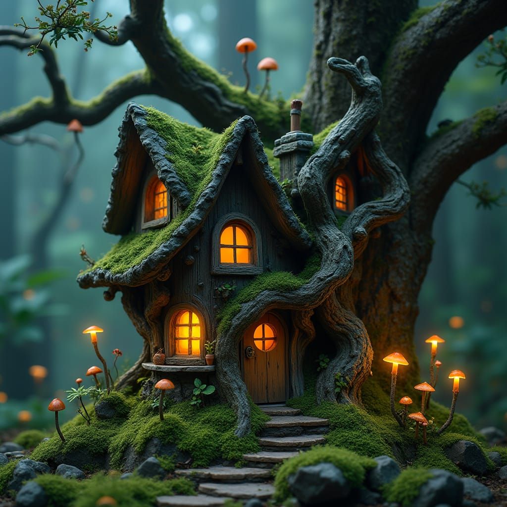 Enchanted Miniature House in a Bioluminescent Forest