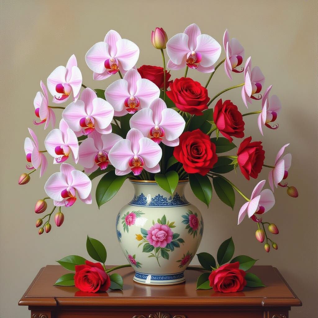 Orchids and Roses in Vase: Botanical Impressionism