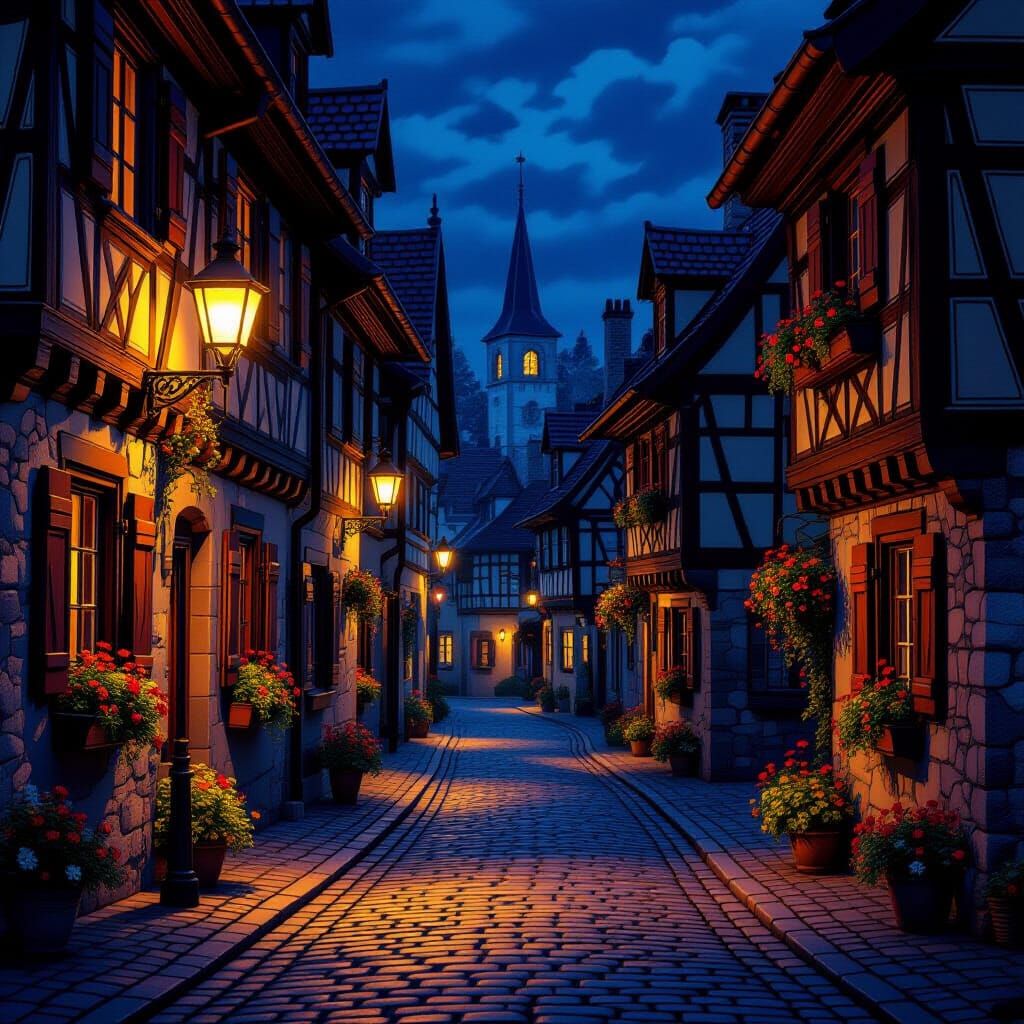 European Town at Night in Realistic Style