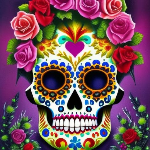 Detailed Colorful Sugar Skull in Gouache Style