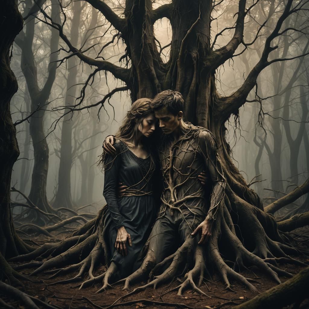 Eerie Forest Embrace: A Dark Surrealism Scene