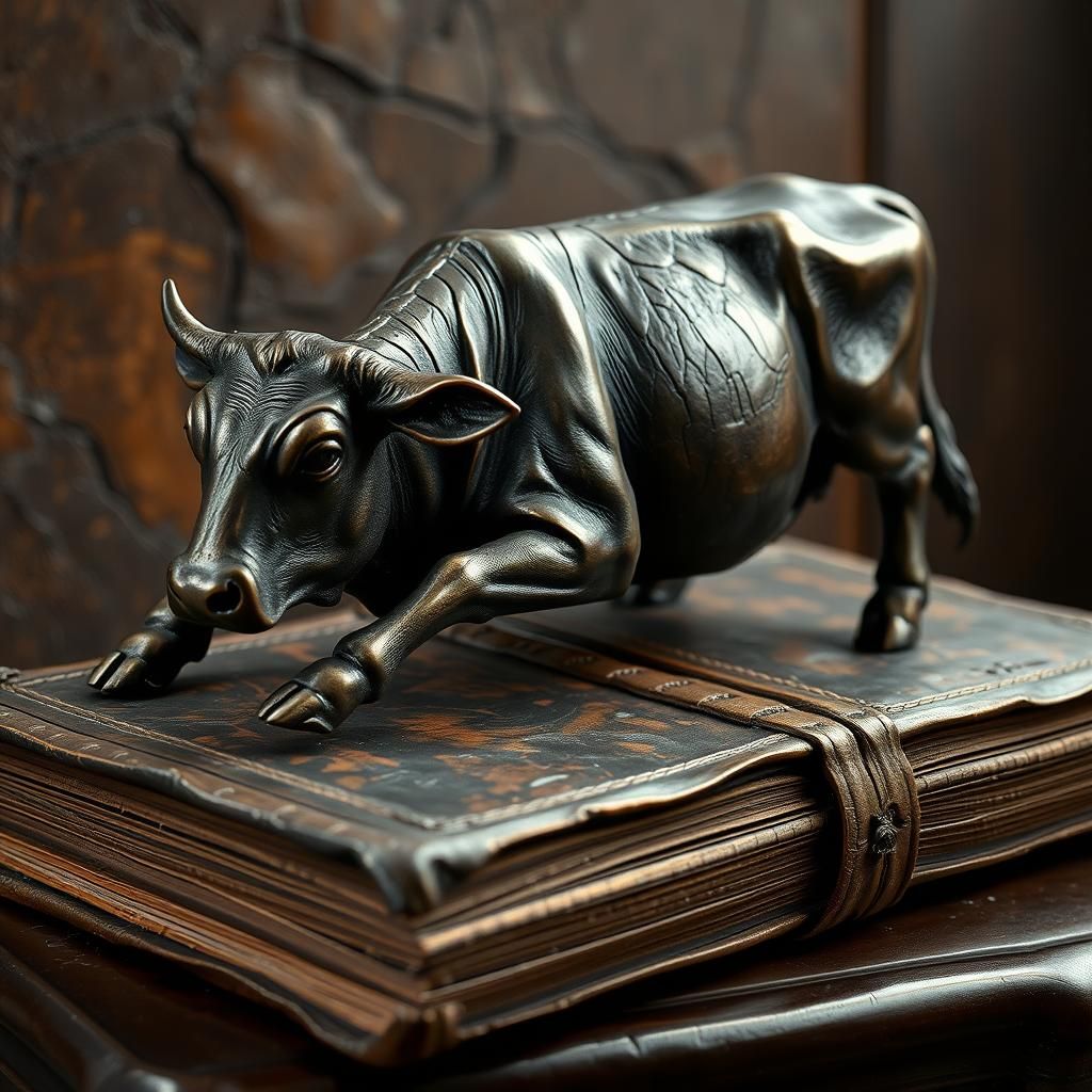 Bronze Cow Sculpture on Ancient Book