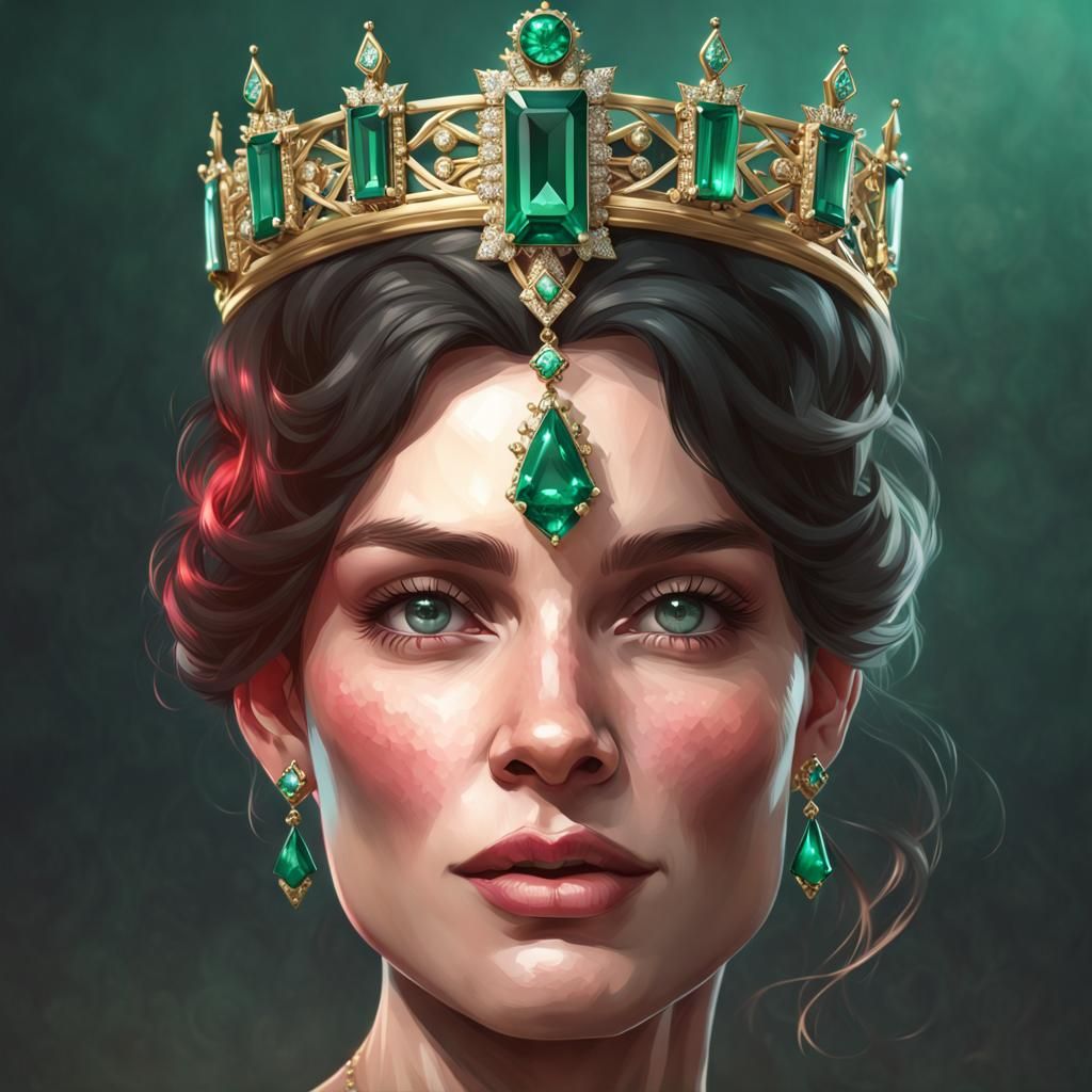 The Queen with tiara full of emeralds and rubies.