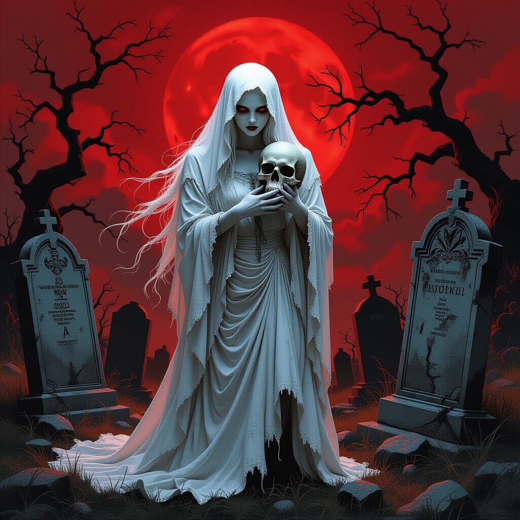 Ghostly Woman in Graveyard Under Blood Moon