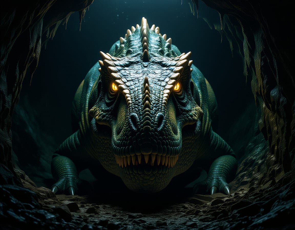 Hyperrealistic T-Rex Portrait in Dark Cave