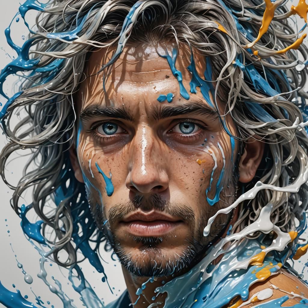 Hyperrealistic Man with Blue Eyes and White Hair