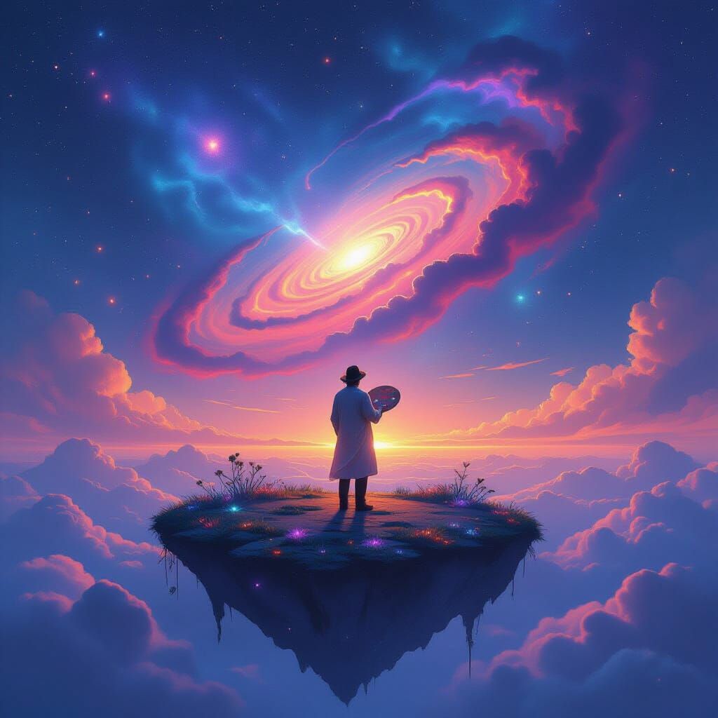 Artist Paints Nebula on Floating Island in Surreal Style