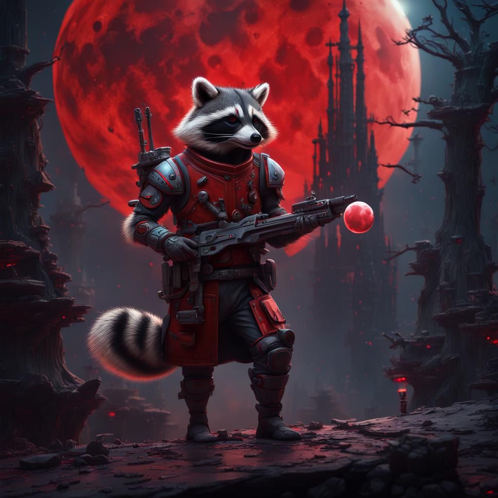 Automaton Raccoon Under Red Moon: Detailed Digital Art