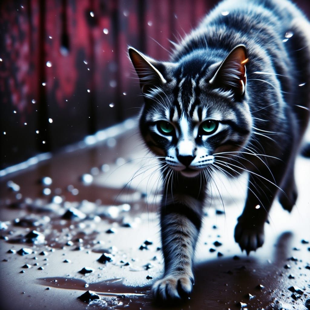 Drenched Alley Cat Skitters: Hyperrealistic Splash Art