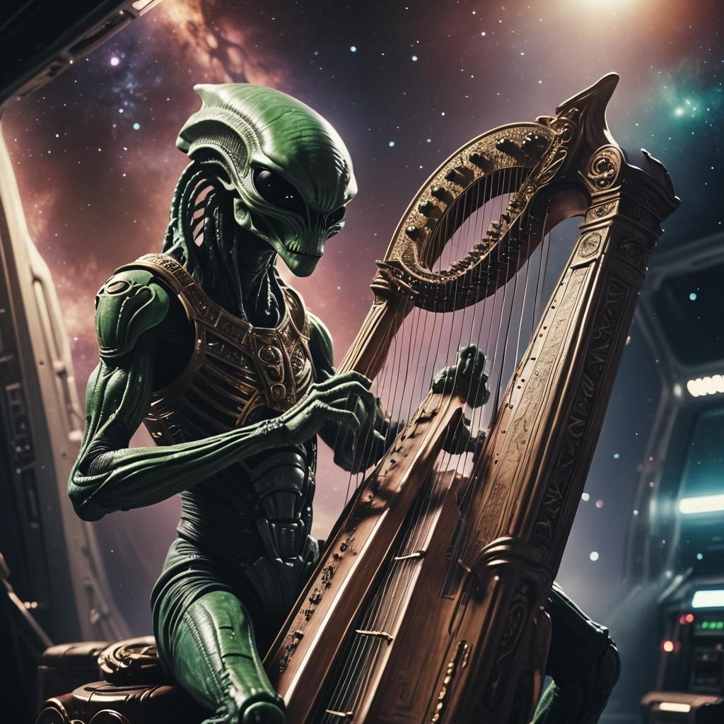 Alien Harpist in Space: Cinematic Film Still