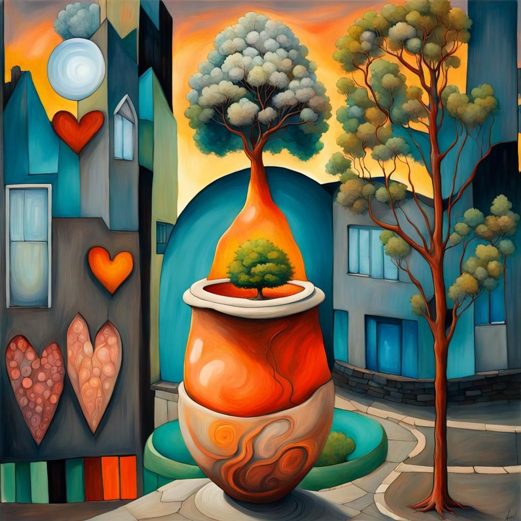 Surreal Heart-Shaped Planter with Summer Tree