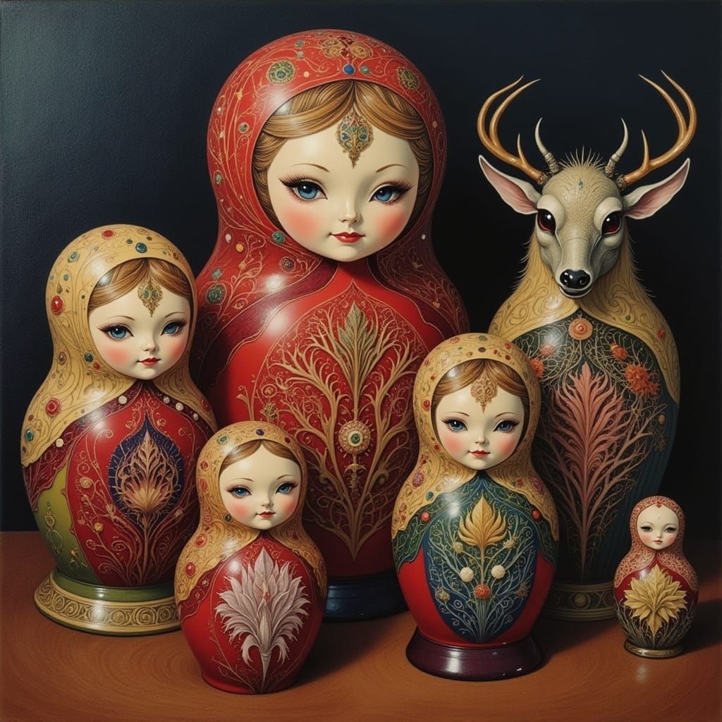 Beautifully Painted Matryoshka Dolls in Oil Painting Style