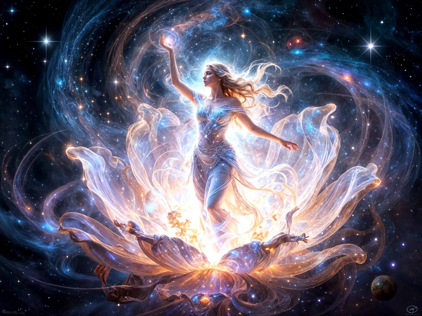 Celestial Goddess of Renewal Emerges from Cosmic Flower