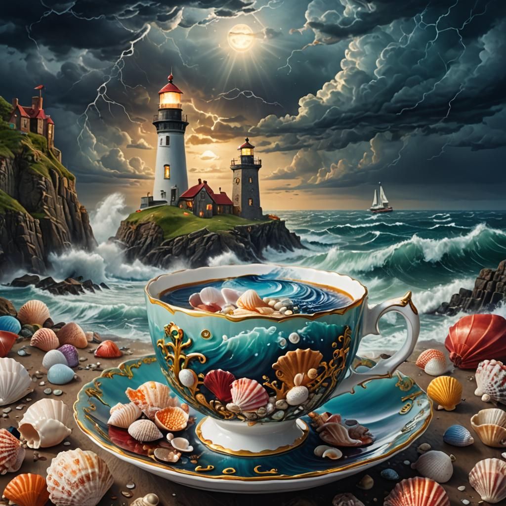 Stormy Ocean in Teacup with Lighthouse