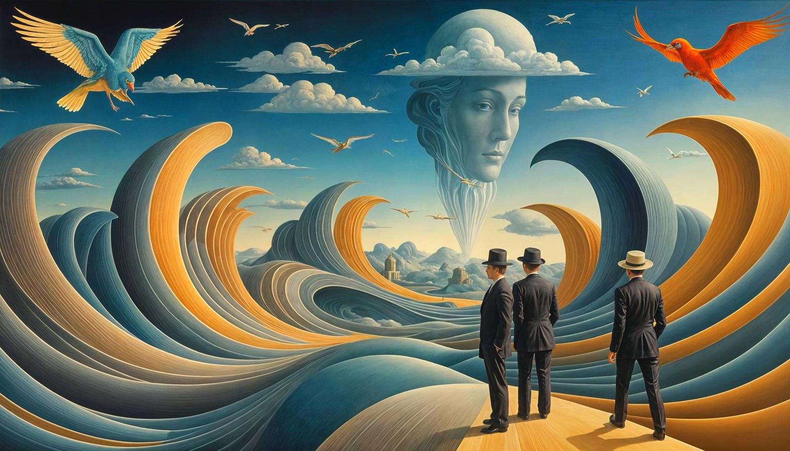 Surrealist Landscape with Shimmering Forms and Serene Birds