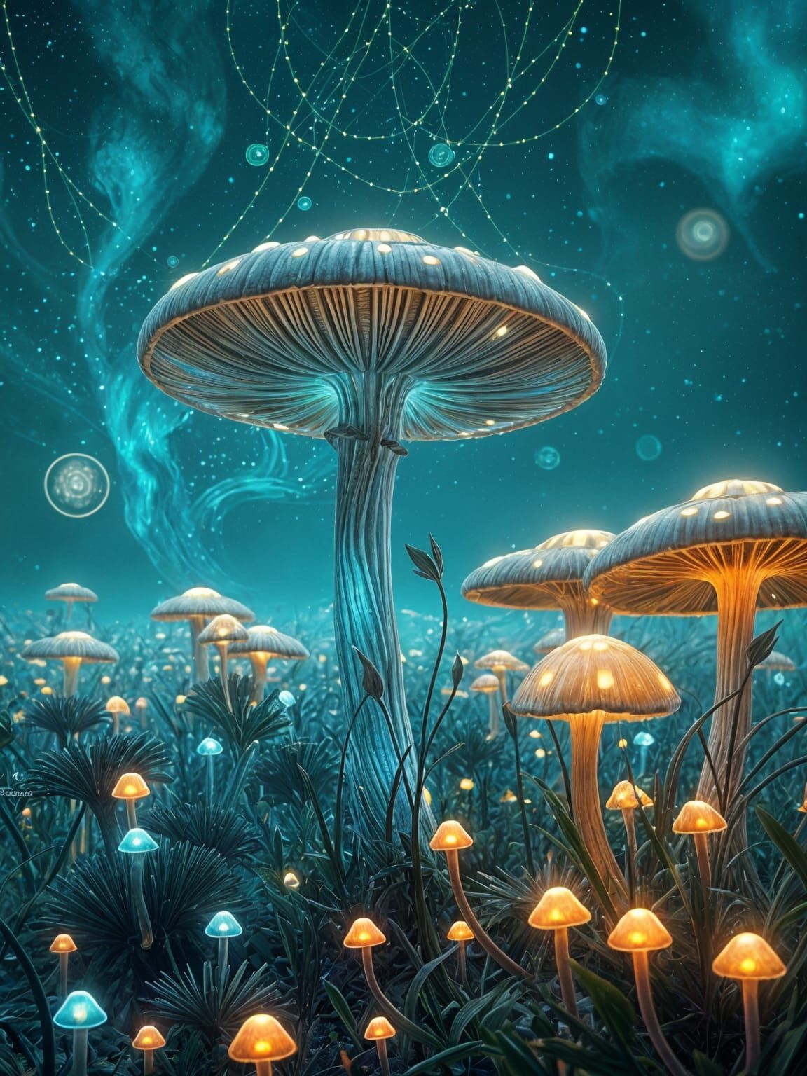 Bioluminescent Mushroom Field in Art Nouveau Style