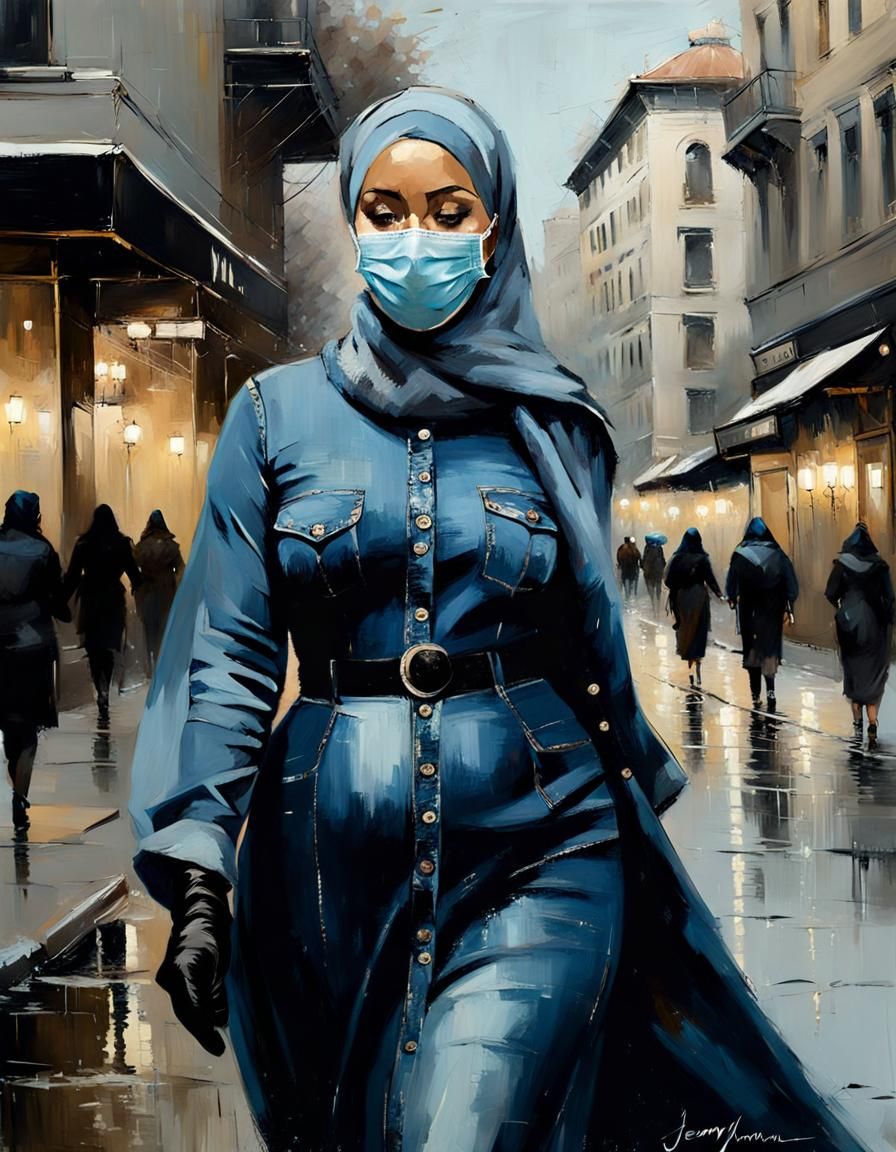 Hijabi Woman in Cityscape, Oil Painting Style