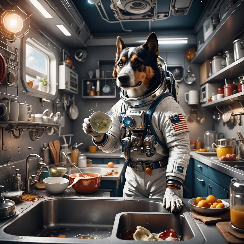 Astronaut Dog Does Dishes in Space