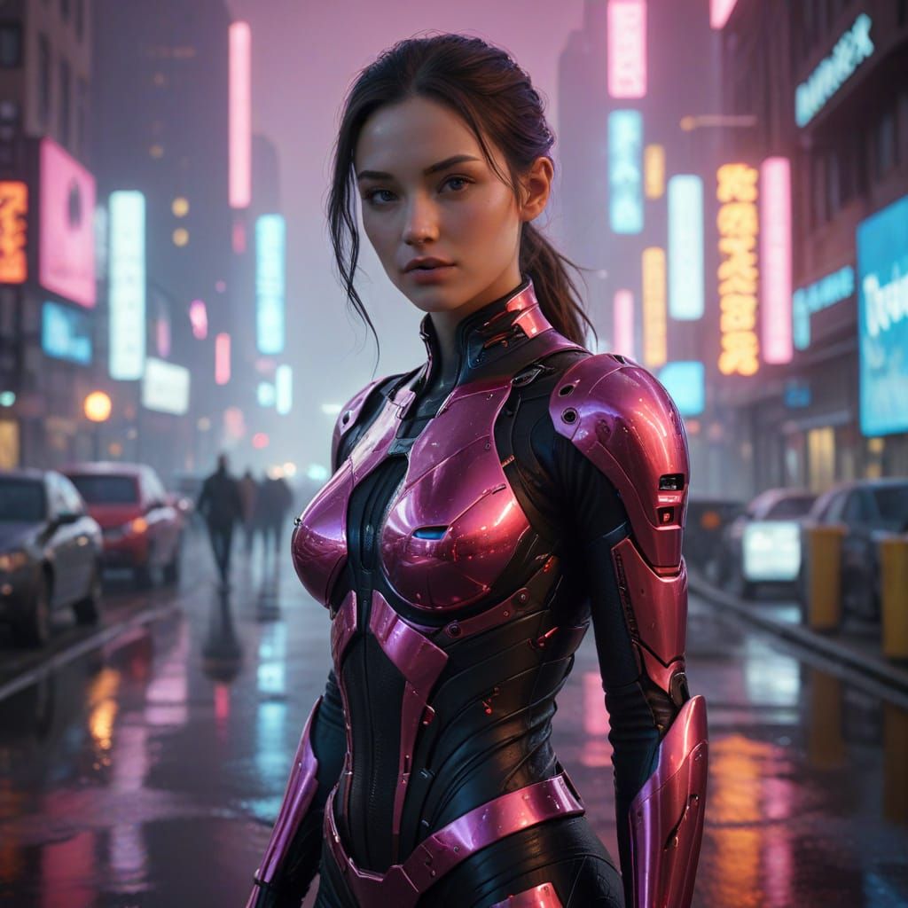 Cyberpunk Woman in Neon City, Photorealistic Style