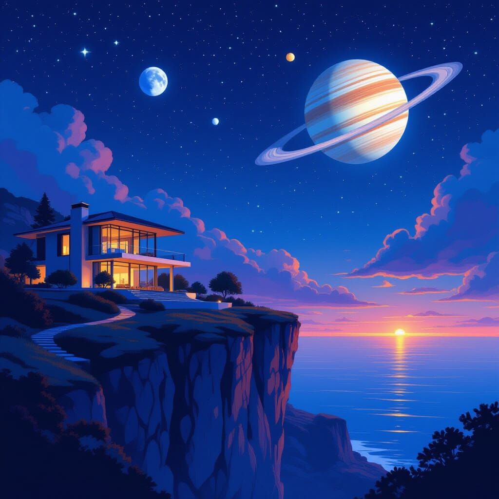 Luxurious Villa Under a Vibrant Night Sky