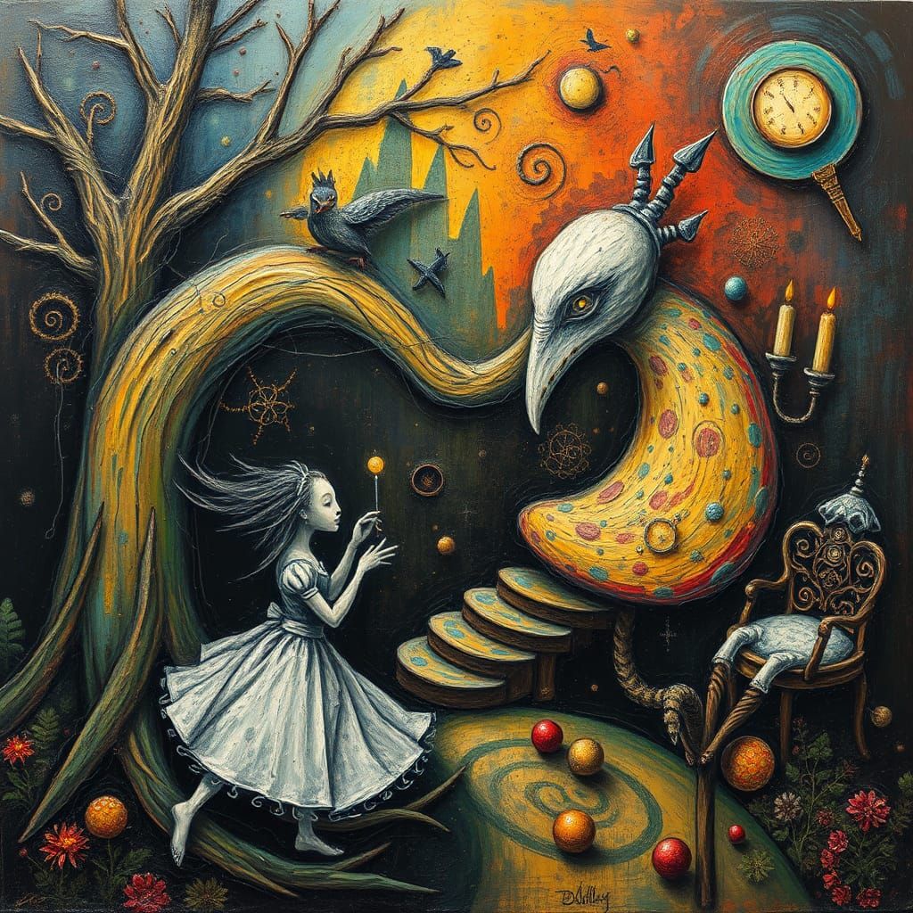 Alice in Wonderland Surreal Art in Impasto Style