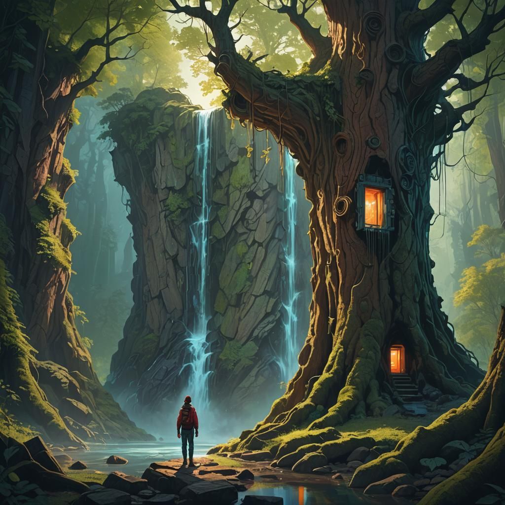 Mystical Waterfall World Through a Secret Door