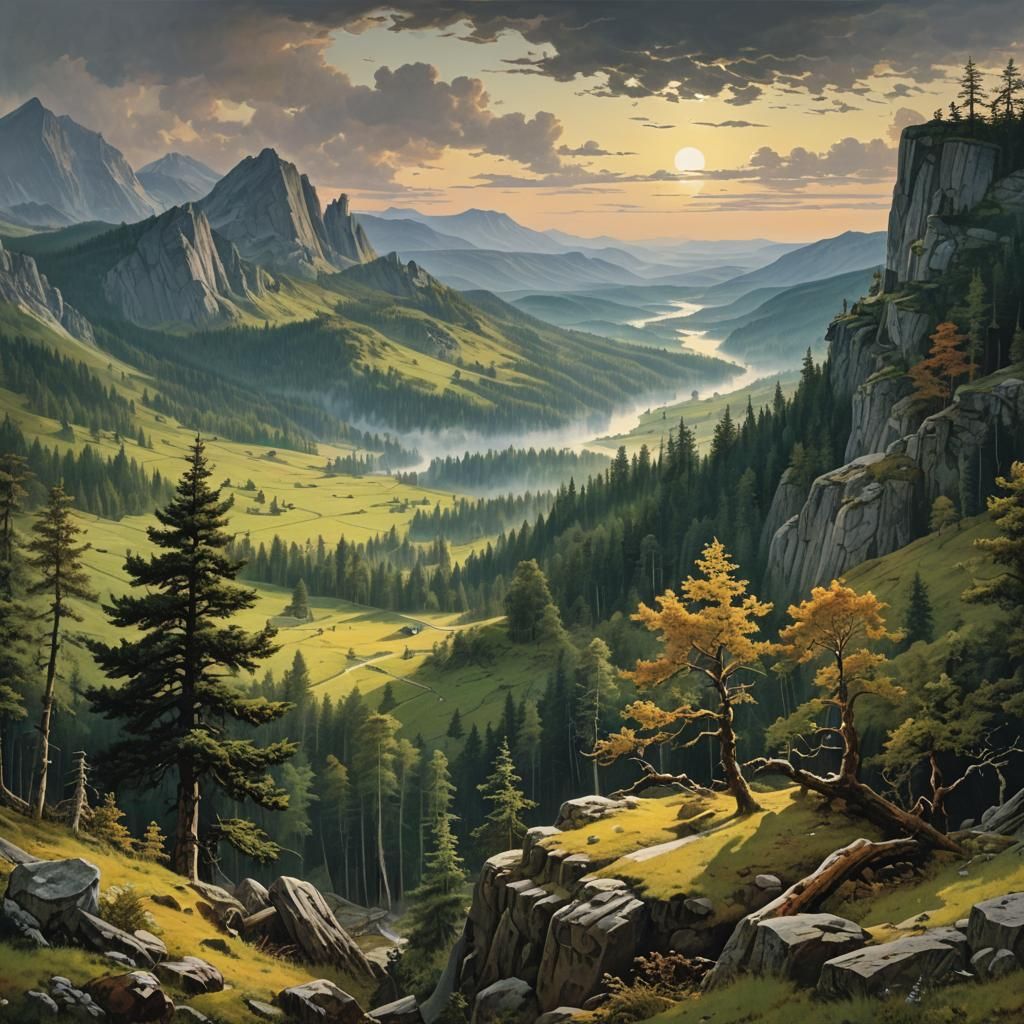 Classical Landscape Painting of a Serene Valley