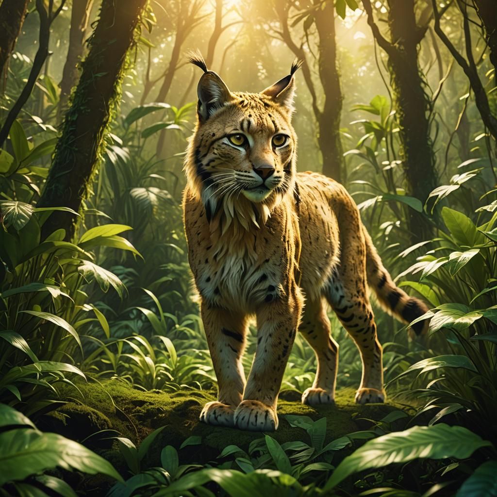 Glowing Lynx in Jungle: Cinematic Film Still