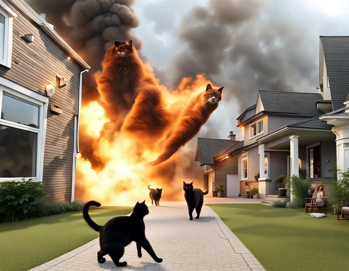 Giant Cats Chasing Exploding Houses in Realistic Style