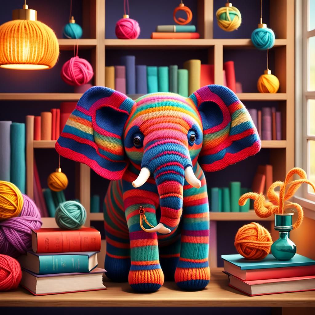 Knitted Elephant on Shelf in Fauvist Style