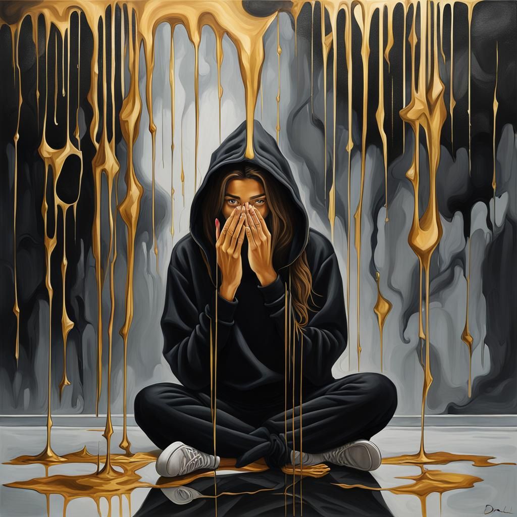 Girl in Despair: Surrealist Melting Oil Portrait