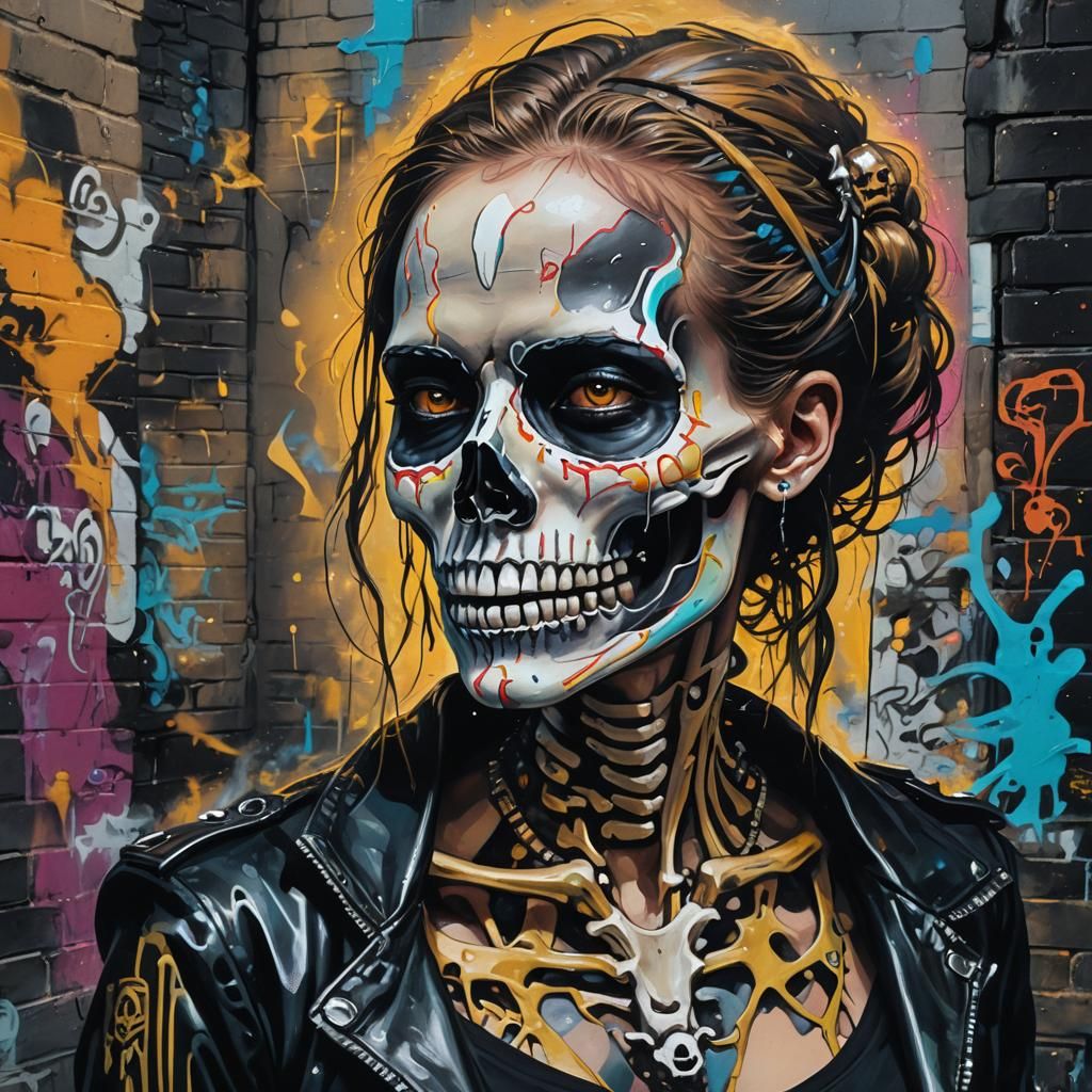 Cyberpunk Skull Face in Graffiti Alley