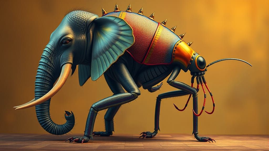 Fantastical Elephant-Flea Hybrid in Dreamy Golden Landscape