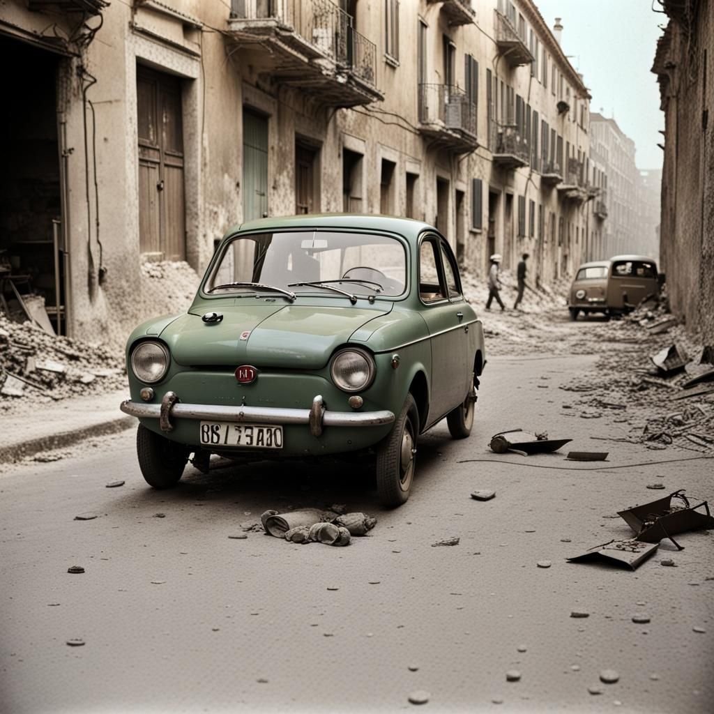 Fiat 850 in Bombed-Out City Street