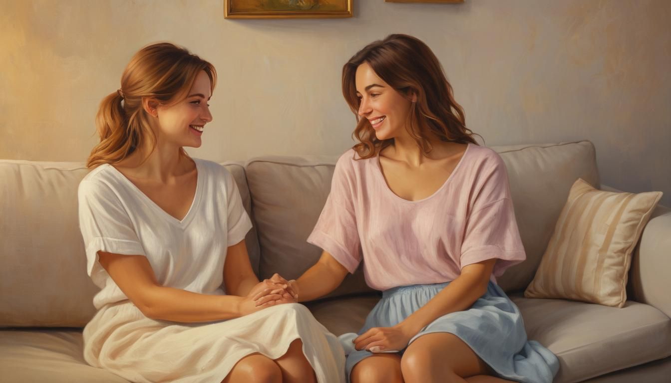 Cozy Oil Painting of Two Women Holding Hands