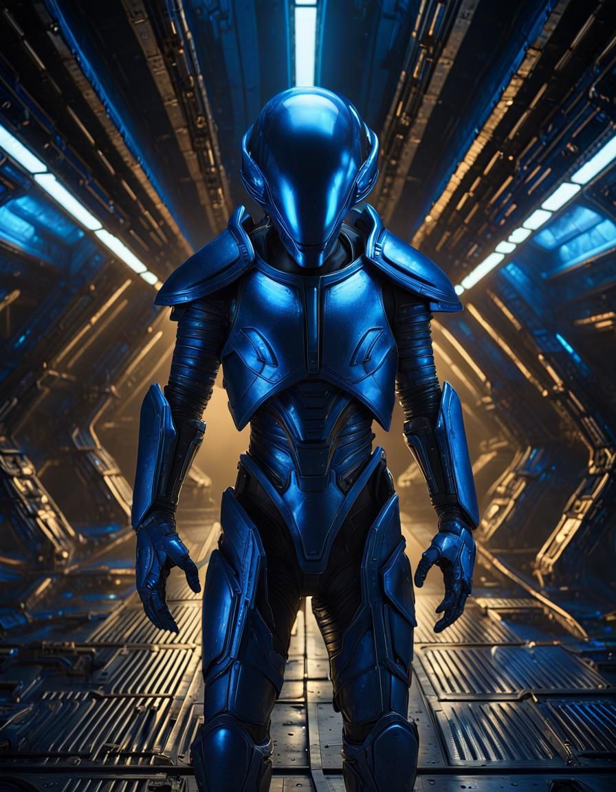 Alien Warrior in Spaceship Hangar: Sci-Fi Concept Art