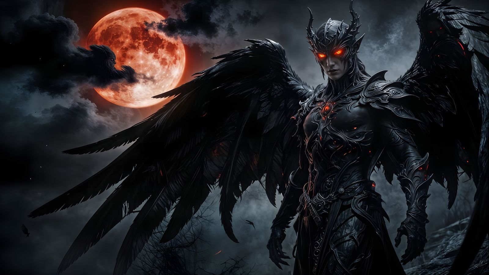 Gothic Angel with Red Eyes Under Blood Moon