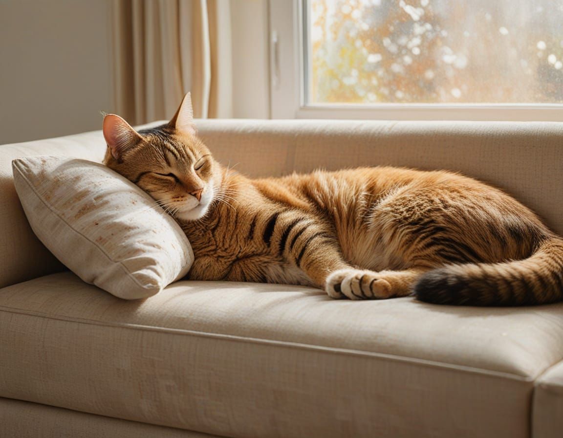 Cat Sleeping on Couch in Modern Room, Oil Painting