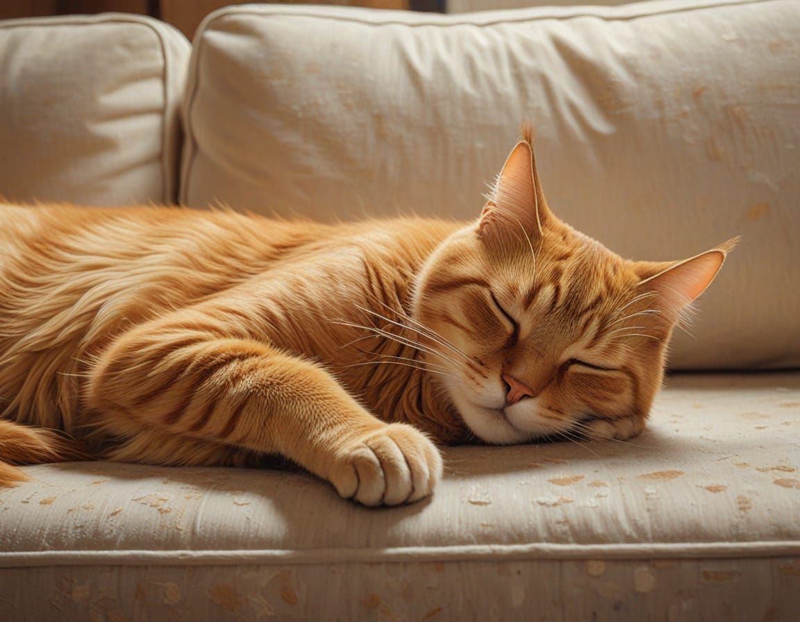 Cat Napping on Couch: An Impressionist Oil Painting