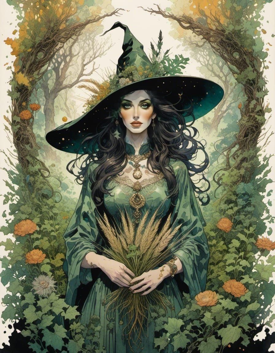 Witch Tarot Card Portrait in Watercolor Style
