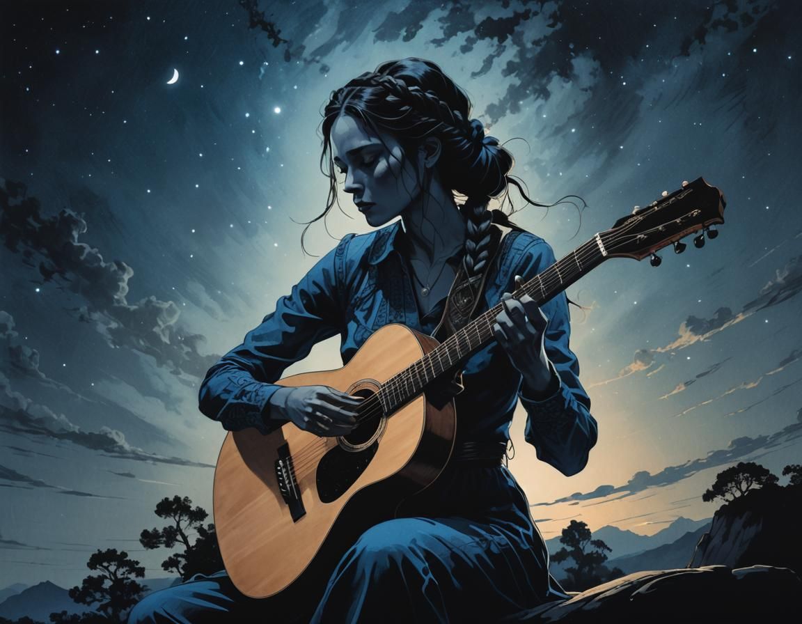 Silhouette of Woman Playing Guitar at Night
