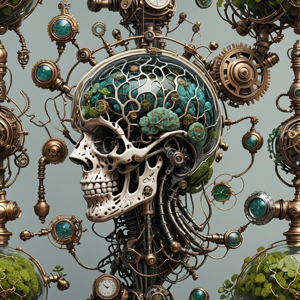 Sci-Fi Baroque Brain Device with Terrarium, 3D Render