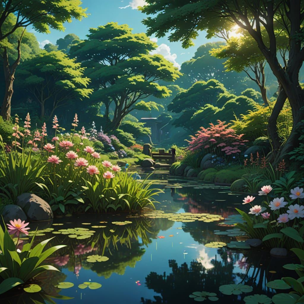 Man Walks Path by Serene Pond, Reflecting Sunlight