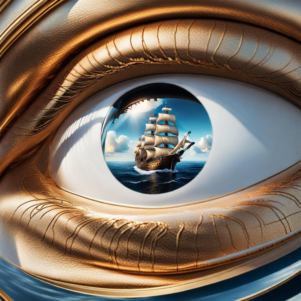Eye Reflecting Pirate Ship in Photorealistic Style