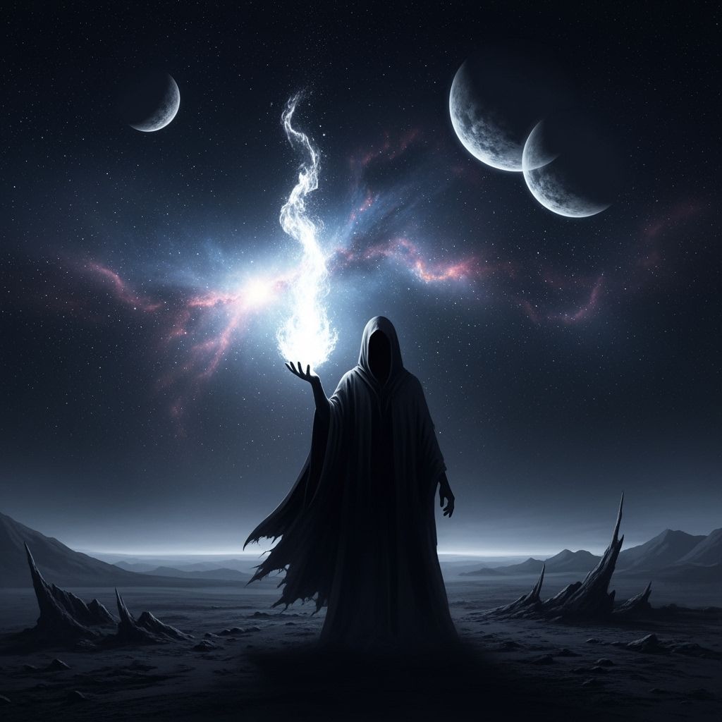 Figure Ignites White Fire Under Swirling Nebulae