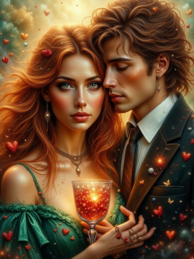 Romantic Sunset Oil Painting of Woman with Red Hearts